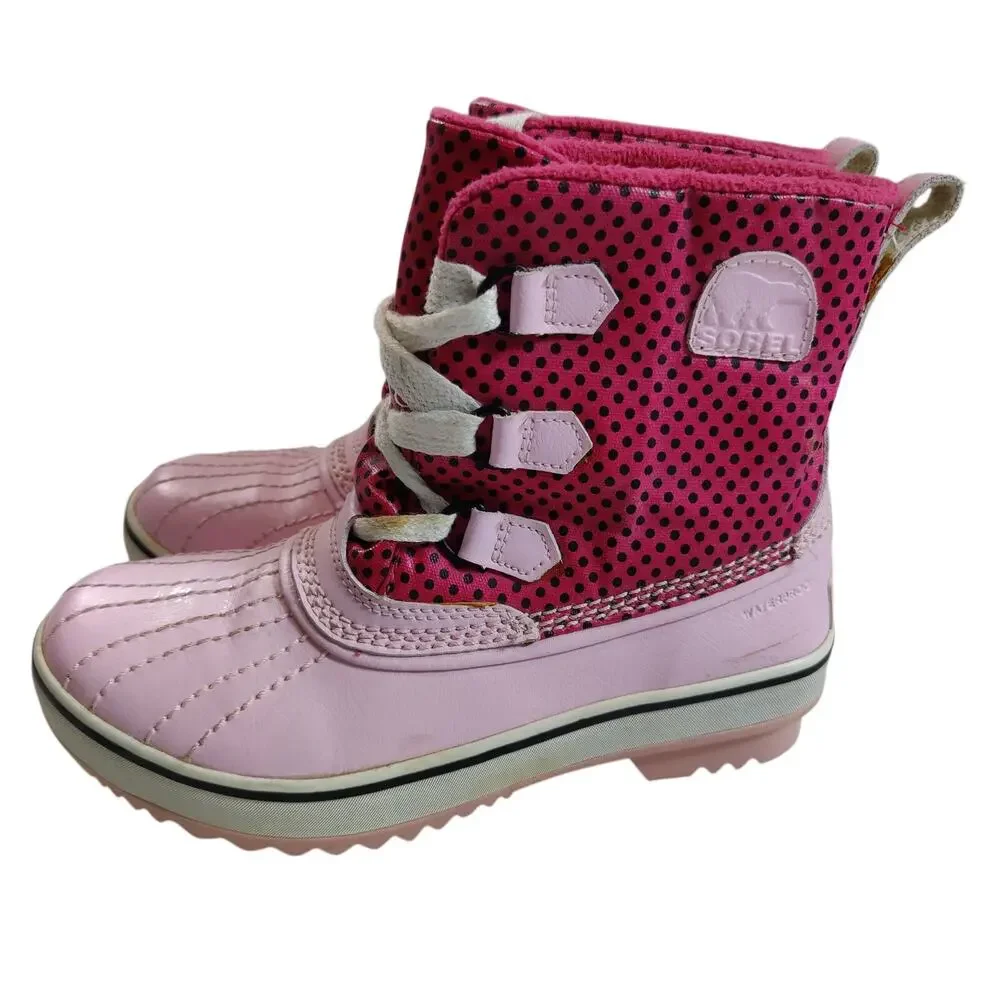 Sorel Girls Sz 4 Pink Polka Dot Duck Boots Lace Up Waterproof Fleece Lined